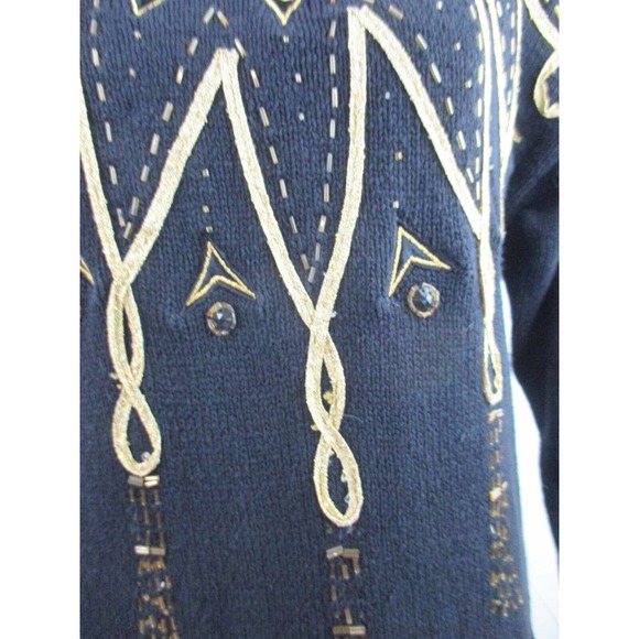 VNTG Victoria Harbour S Knit Sweater Beaded Rhinestones Ribbon Women Black Gold - Picture 9 of 11